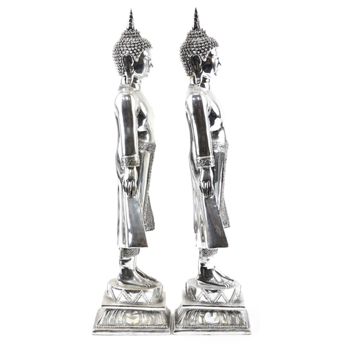 1459 - A large pair of silvered figures of standing Tibetan Buddha, 65cm high.