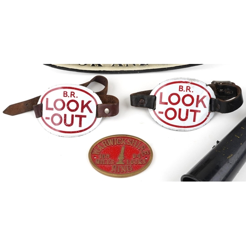 2329 - Railwayana including two British Rail Lookout armbands, and ACME railway horn and a cast iron Railro... 