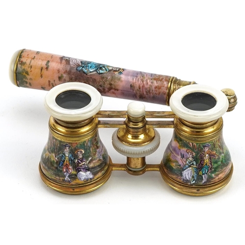 2 - A good pair of French guilloche enamel, brass and mother of pearl opera glasses with telescopic hand... 