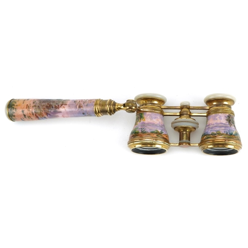 2 - A good pair of French guilloche enamel, brass and mother of pearl opera glasses with telescopic hand... 