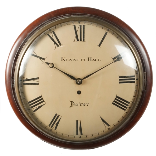 A late Victorian mahogany circular wall timepiece with eight day movement, the circular dial with black Roman numerals inscribed Kennett Hall, Dover, the case 37cm in diameter, with pendulum.