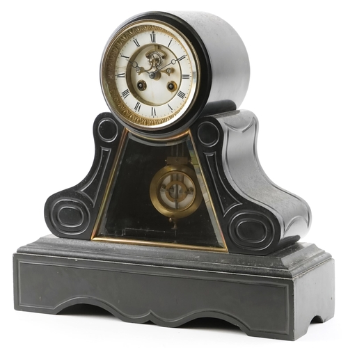 290 - A Victorian slate mantle clock with eight day movement striking on a bell, the circular white enamel... 