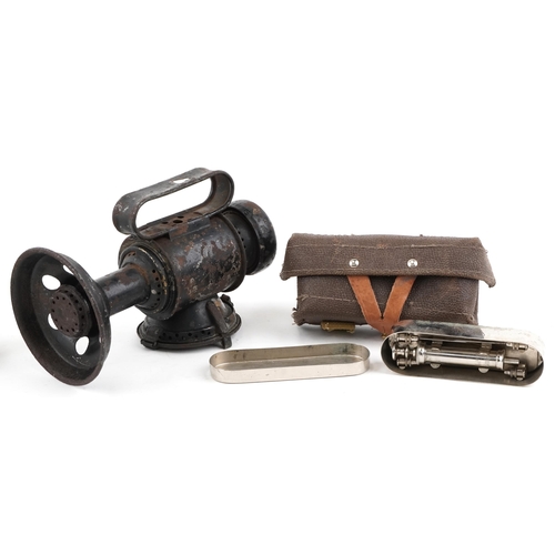 2459 - Militaria including a World War I gun lamp, carbine ammo pouch and a Denix Collecting History grenad... 