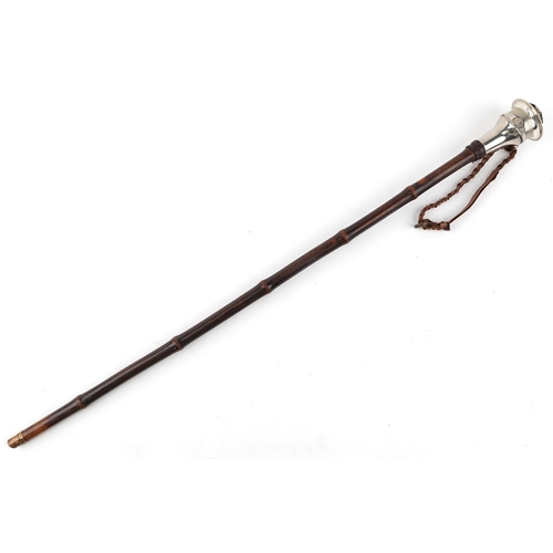 2482 - Scarce military interest bamboo walking stick, the silver plated handle in the form of a helmet, 85c... 