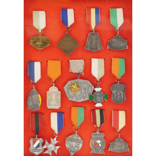 2581 - A collection of Netherlands Achievement medals with ribbons, mounted, framed and glazed, overall 43c... 