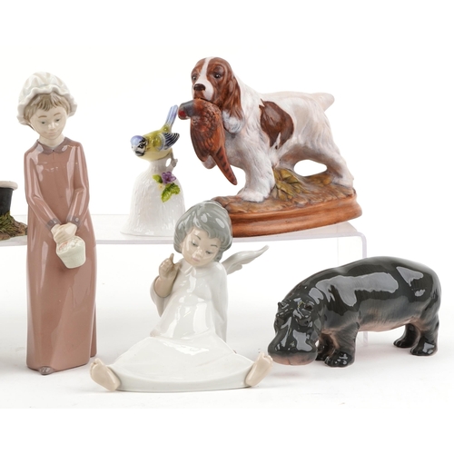 1222 - A collection of Lladro figures and porcelain animals including a Melba Ware grouse and Lladro cherub... 