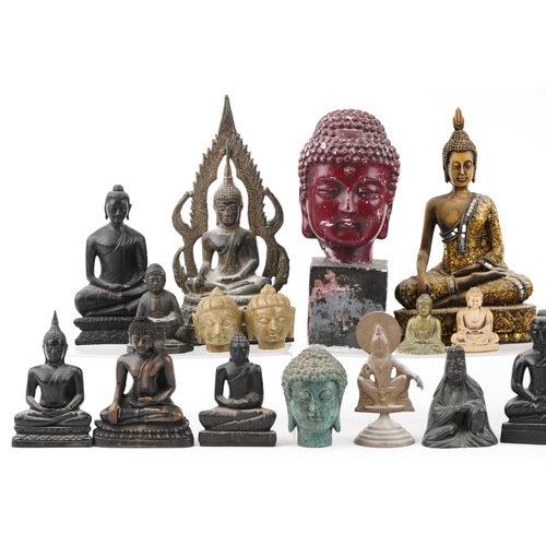 1478 - A collection of predominantly Tibetan figures of Buddha including carved stone, carved wood and lacq... 