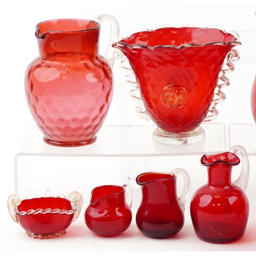 1477 - Victorian and later ruby and cranberry glassware including Whitefriars and Murano, the largest 20cm ... 