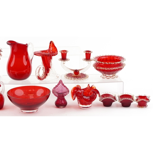 1477 - Victorian and later ruby and cranberry glassware including Whitefriars and Murano, the largest 20cm ... 