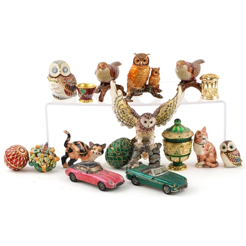 1236 - A collection of jewelled and enamel trinkets and figures in the form of owls, cats, cars and eggs, t... 