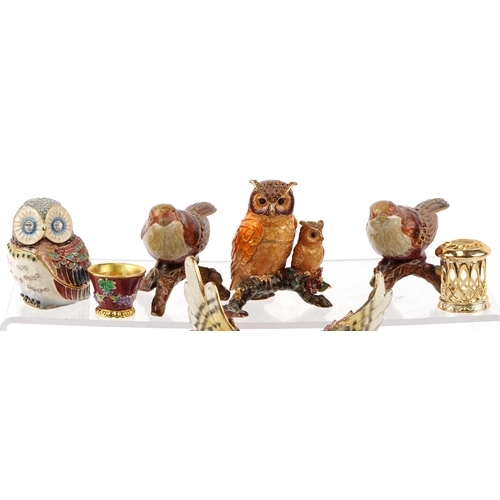 1236 - A collection of jewelled and enamel trinkets and figures in the form of owls, cats, cars and eggs, t... 