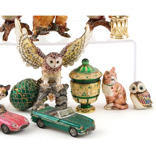 1236 - A collection of jewelled and enamel trinkets and figures in the form of owls, cats, cars and eggs, t... 