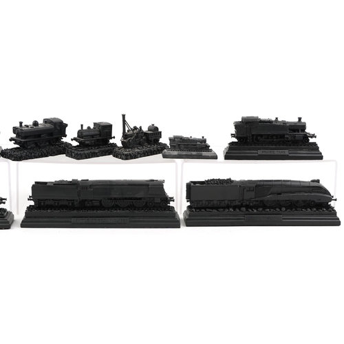 1511 - Eight model steam locomotives made from coal from Wales and Great Britain, the largest 28cm in lengt... 