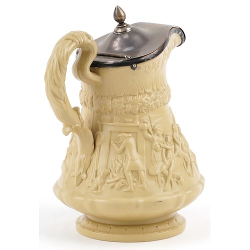 1596 - An early 19th century W. Ridgeway & Co relief moulded and silver lidded jug circa 1835, 22cm high