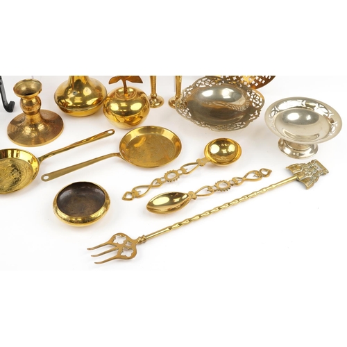 1546 - A small collection of 20th century brass and copper including a three piece tea set, two plated tazz... 