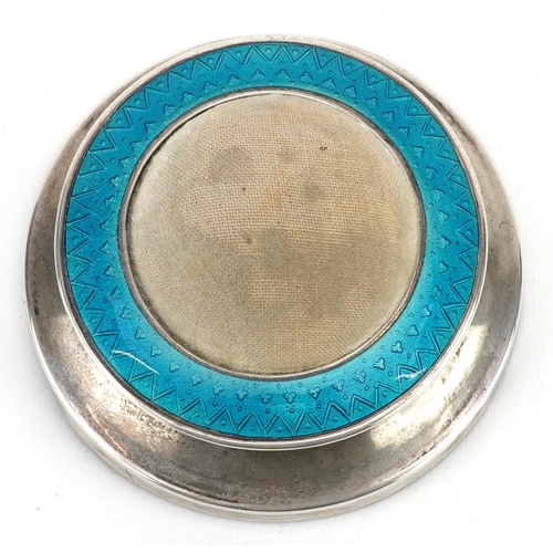 424 - M Bros, a George V circular silver and blue guilloche enamel pin cushion, Birmingham 1912, 7cm in di... 