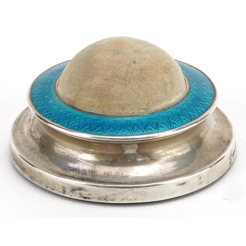 424 - M Bros, a George V circular silver and blue guilloche enamel pin cushion, Birmingham 1912, 7cm in di... 