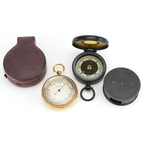 94 - Antique gilt brass compensated pocket barometer with fitted case together with a magnapole compass a... 