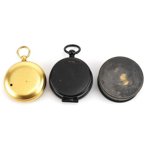 94 - Antique gilt brass compensated pocket barometer with fitted case together with a magnapole compass a... 