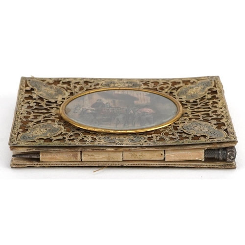 4 - A 19th century French silver gilt filigree mounted aide-memoire with a silver propelling pencil, 8.5... 