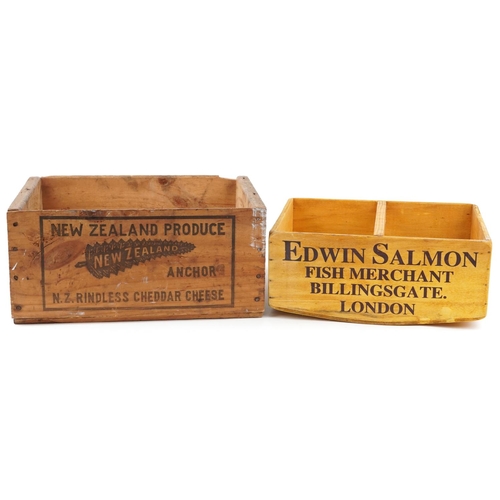 1523 - Two pine advertising crates comprising New Zealand Anchor Cheddar Cheese and Edwin Salmon Fish Merch... 