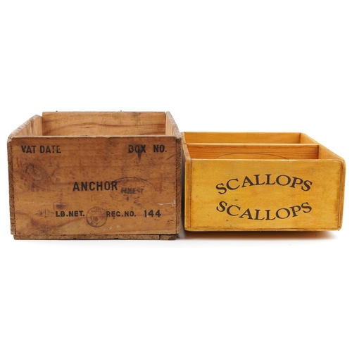 1523 - Two pine advertising crates comprising New Zealand Anchor Cheddar Cheese and Edwin Salmon Fish Merch... 