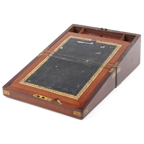 144 - A Victorian mahogany campaign style writing slope with tooled leather insert and brass inlay, 16cm H... 