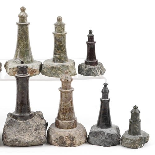 315 - Twelve carved Cornish serpentine marble lighthouses, the largest 14cm high