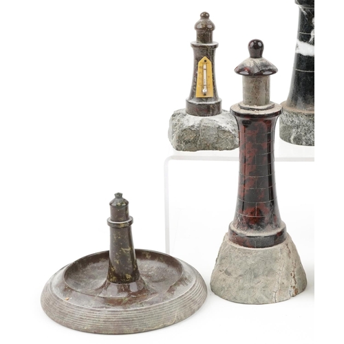 313 - Seven carved Cornish serpentine marble lighthouses including two barometers, the largest 22cm high