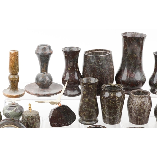 1463 - A large collection of mostly carved Cornish serpentine marble including barometers, vases and trinke... 