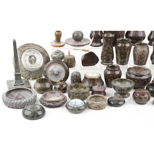 1463 - A large collection of mostly carved Cornish serpentine marble including barometers, vases and trinke... 