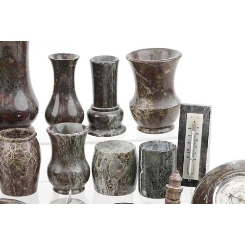 1463 - A large collection of mostly carved Cornish serpentine marble including barometers, vases and trinke... 