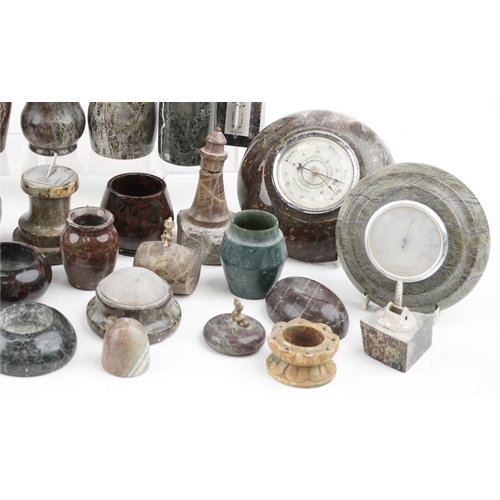 1463 - A large collection of mostly carved Cornish serpentine marble including barometers, vases and trinke... 