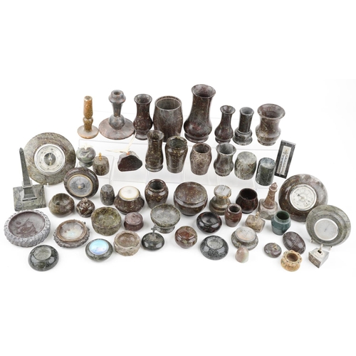 1463 - A large collection of mostly carved Cornish serpentine marble including barometers, vases and trinke... 