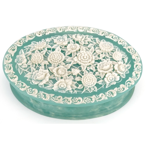 1430 - A 20th century faux marble oval dressing table box decorated with white floral decoration, H-8cm W-2... 