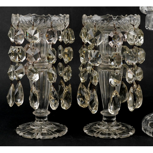 37 - A 20th century cut glass 'mushroom' table lamp, 37cm high, together with a pair of cut glass table l... 