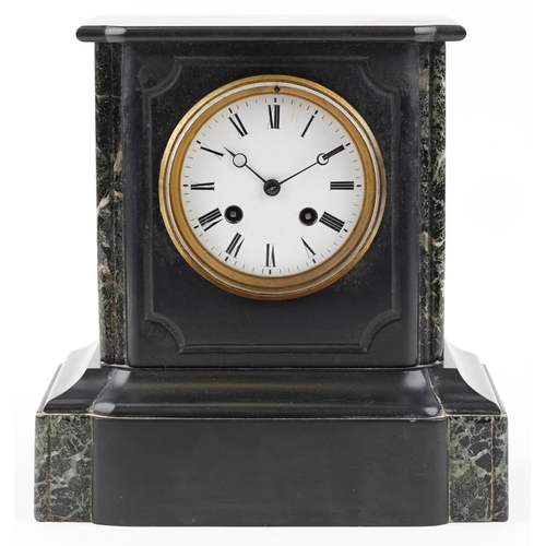 1476 - A Victorian slate and marble mantle clock, the white circular enamelled dial with Roman numerals, 24... 