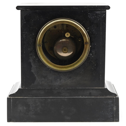 1476 - A Victorian slate and marble mantle clock, the white circular enamelled dial with Roman numerals, 24... 