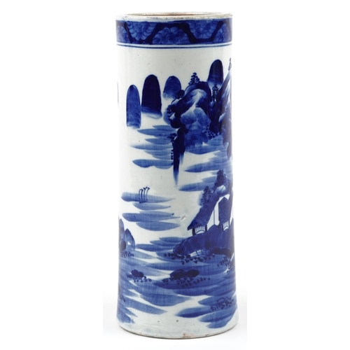 47 - A Chinese blue and white porcelain cylindrical vase, 19th century, decorated with a continuous lands... 