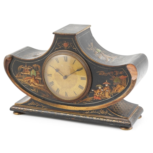 64 - An Edwardian black chinoiserie decorated mantel clock, the circular dial with black Roman numerals, ... 