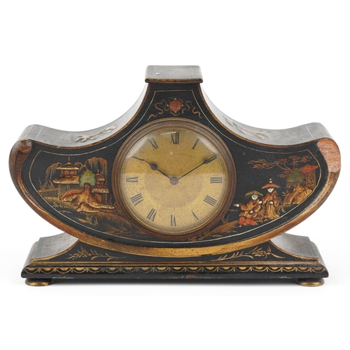 64 - An Edwardian black chinoiserie decorated mantel clock, the circular dial with black Roman numerals, ... 