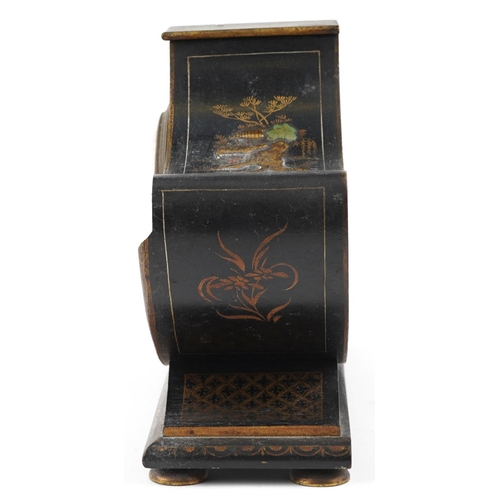 64 - An Edwardian black chinoiserie decorated mantel clock, the circular dial with black Roman numerals, ... 