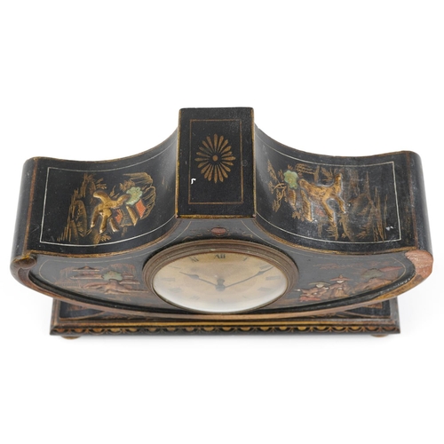 64 - An Edwardian black chinoiserie decorated mantel clock, the circular dial with black Roman numerals, ... 