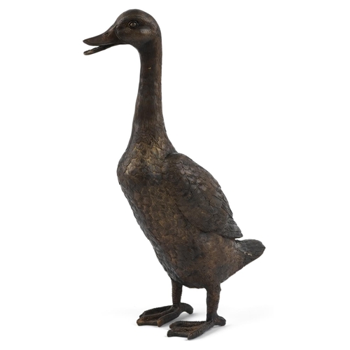 13 - A 20th century brown patinated bronze figure of a duck, H-41cm