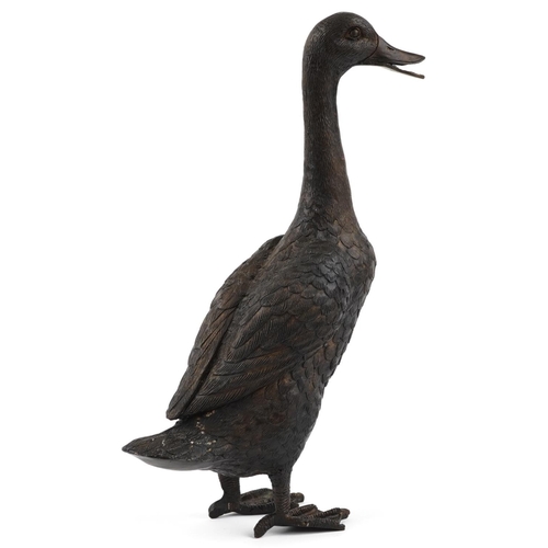 13 - A 20th century brown patinated bronze figure of a duck, H-41cm