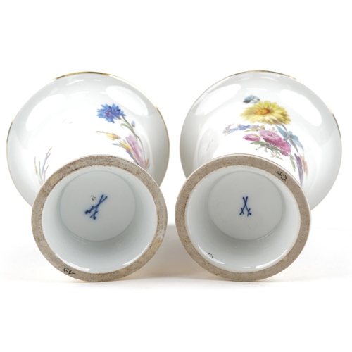 30 - A pair of 19th century Meissen hand painted porcelain vase of flared form, decorated with flowers, m... 