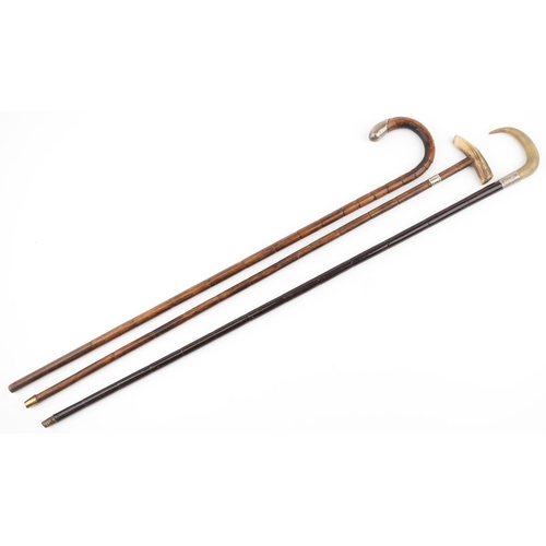 234 - Three bamboo walking canes with silver mounts, two with horn handles, the largest 92cm in length.