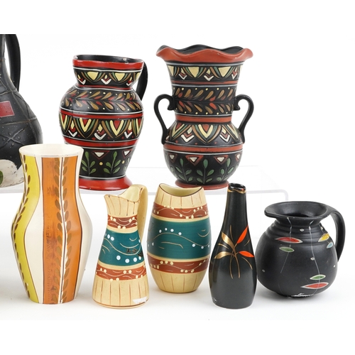 1465 - A Group of three Brentleigh Ware Lorca Jugs and bowl together with a seven mid century pottery items... 