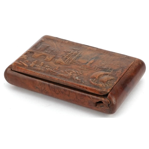 85 - An 18th century carved burr walnut rectangular snuff box, the hinged lid carved in relief with a har... 