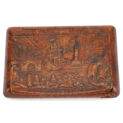 85 - An 18th century carved burr walnut rectangular snuff box, the hinged lid carved in relief with a har... 